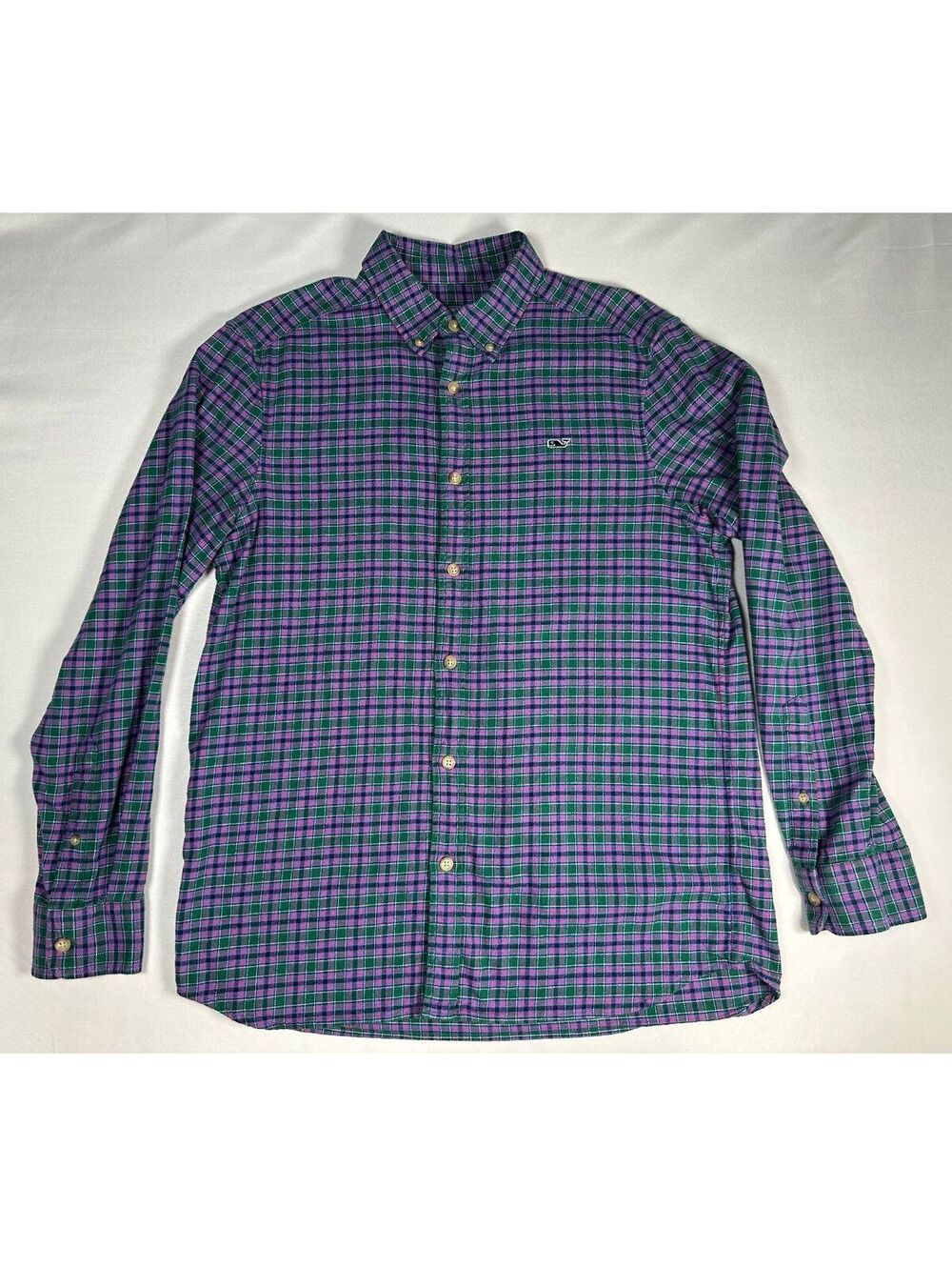 Vineyard Vines Men's Medium Plaid Button-Down Shirt in Green and Purple